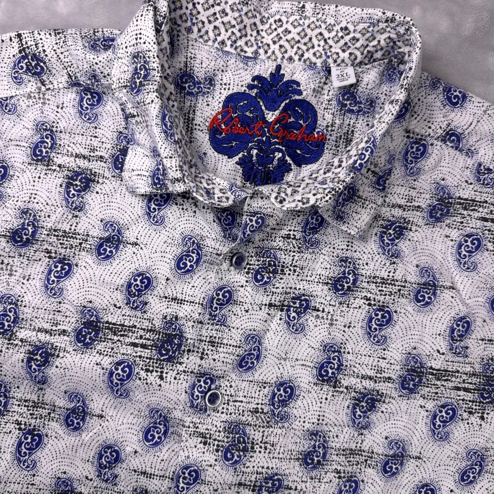 Robert Graham Mens 2XL White Blue Paisley Short Sleeve Button Down Shirt Cotton